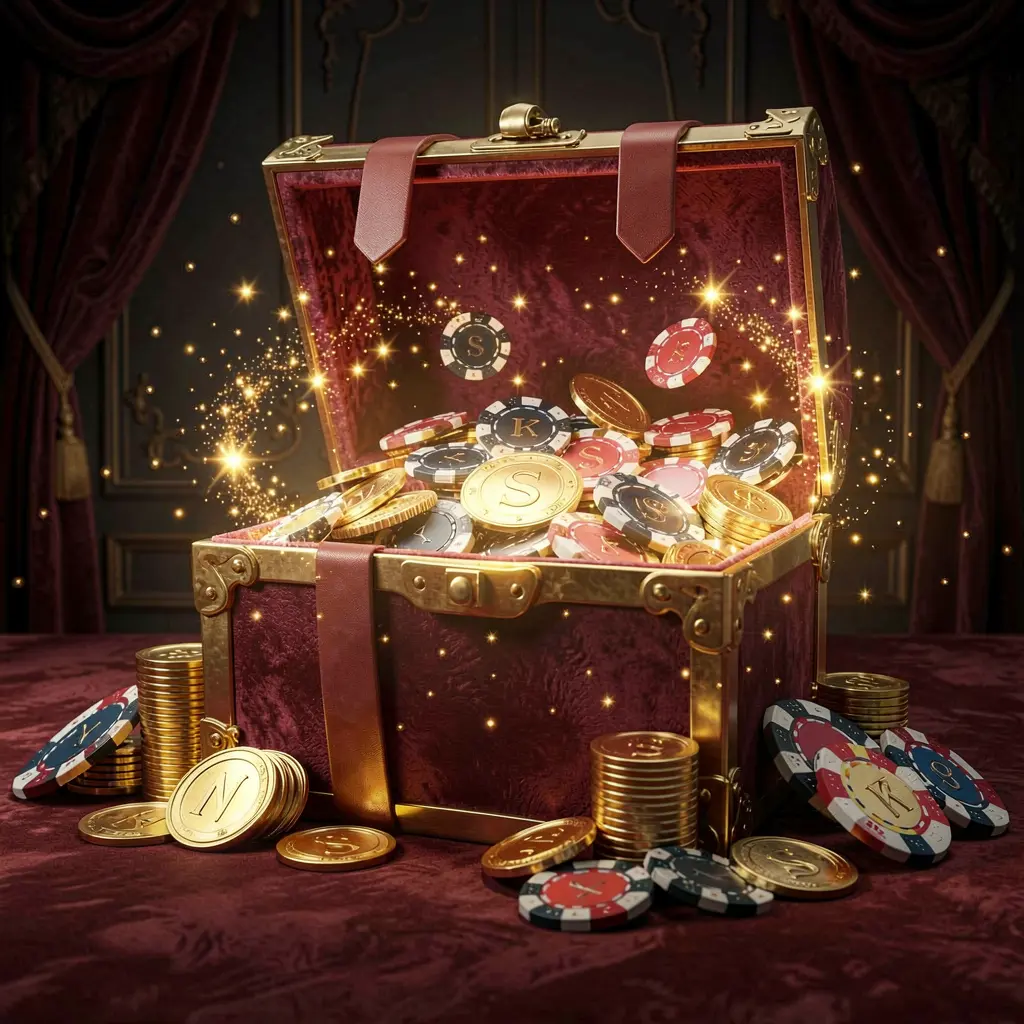 Konsep bonus kasino tanpa deposit WK888 dengan kotak hadiah bercahaya yang dipenuhi chip kasino gratis dan koin emas, dikelilingi efek kilau magis pada latar belakang gelap mewah yang menciptakan suasana hadiah yang menarik