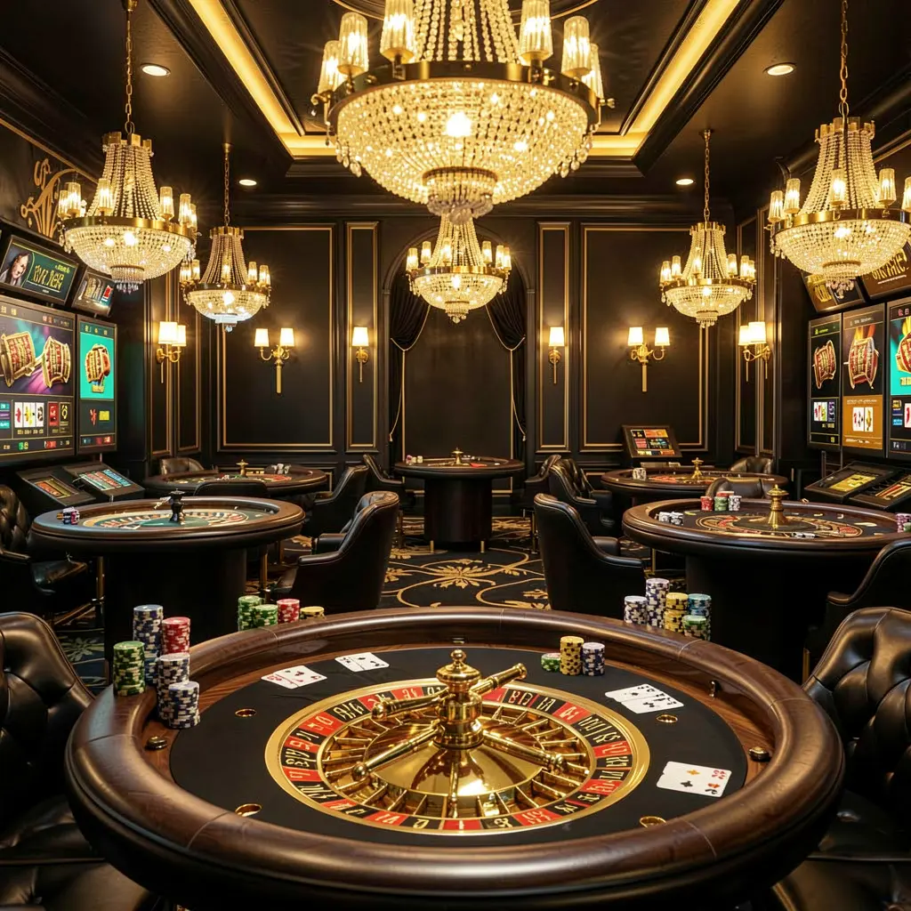 Adegan lobi kasino online mewah yang menampilkan WK888 dengan meja roulette bercahaya, lampu emas, chip poker, dan kartu dalam desain premium hitam dan emas