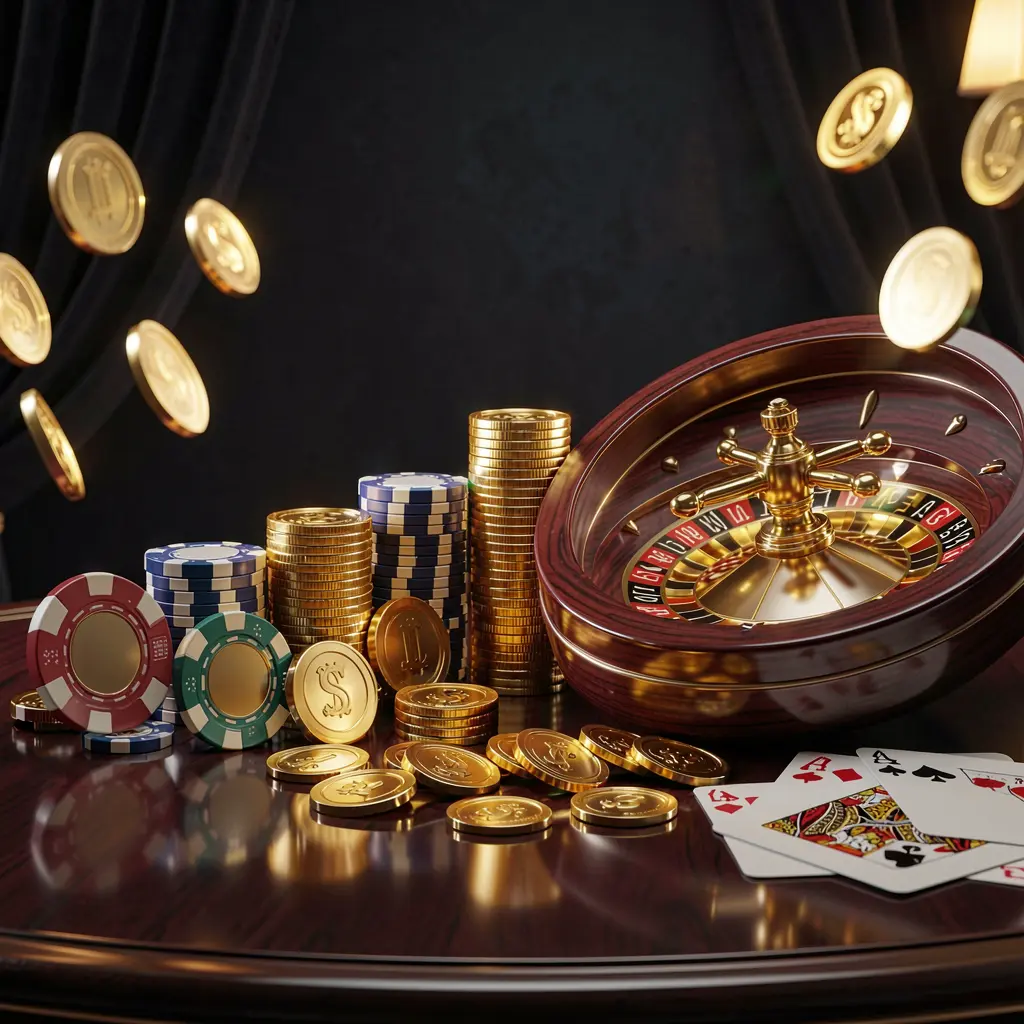 Adegan kasino online premium yang menampilkan merek WK888 dengan koin emas, chip bercahaya, roda roulette, dan kartu di atas meja mengilap dengan latar belakang gelap elegan dalam render 3D realistis detail tinggi